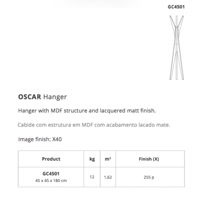 Cabideiro OSCAR em MDF lacado mate branco, apresentado em fundo branco com texto técnico.
