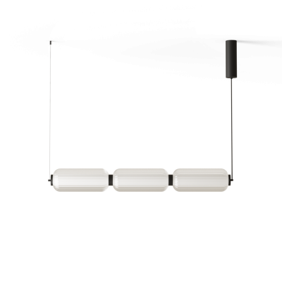 Candeeiro de teto suspenso com três lâmpadas tubulares e estrutura preta