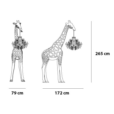Desenho técnico de luminária girafa com lampadário pendurado e medidas.