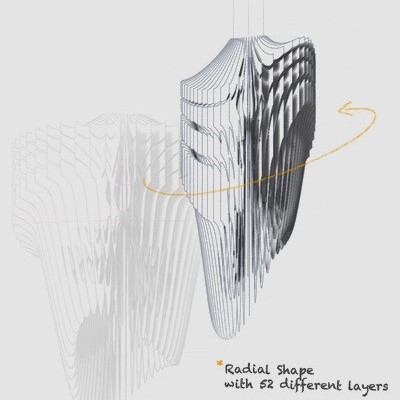 Escultura radial em camadas brancas translúcidas com texto explicativo