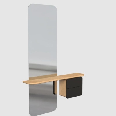 Espelho de parede com prateleira em madeira clara e gavetas pretas