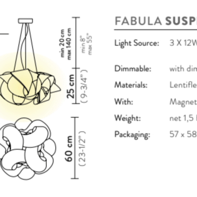 Dois modelos de luminárias suspensas Fabula Suspension com especificações técnicas e dimensões.