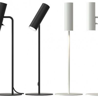 Seis candeeiros de pé em preto e branco com base circular e design moderno