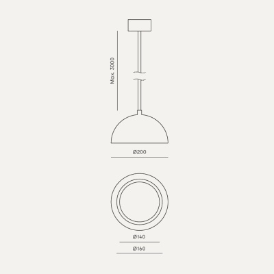 Desenho técnico a preto de candeeiro pendente com medidas em fundo cinzento