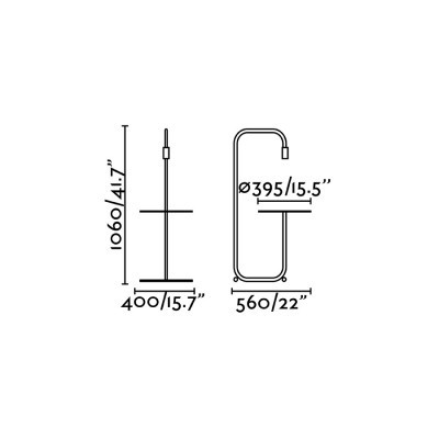 Desenho técnico de suporte tubular com medidas em mm e polegadas.