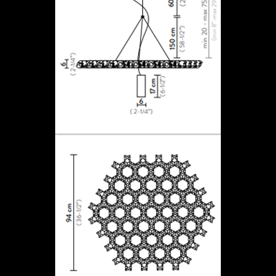Candeeiro suspenso redondo com padrão de colmeia e dimensões técnicas