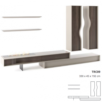 Conjunto de móveis de sala com prateleiras, base com gavetas e unidades verticais de madeira
