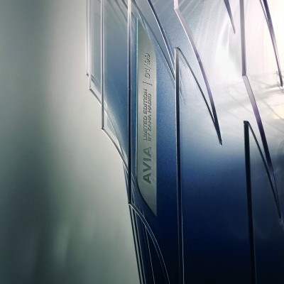 Troféu de acrílico transparente com inscrição AVIA LIMITED EDITION 091/500