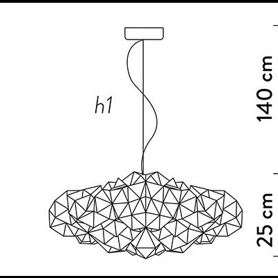 Desenho técnico de candeeiro pendente com estrutura geométrica e medidas de altura