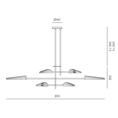 Desenho técnico de lâmpada suspensa com três braços e elementos cónicos