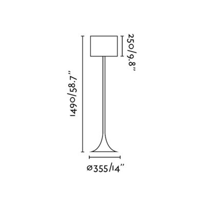 Desenho técnico de candeeiro de pé com medidas.