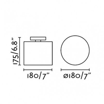 Desenho técnico com vistas frontal e superior de produto retangular e circular com medidas em mm e polegadas.
