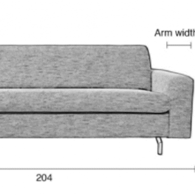 Sofá cinzento com planta e medidas técnicas
