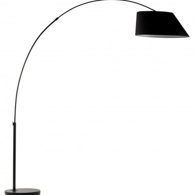 Candeeiro de pé preto com estrutura curva e cúpula cónica