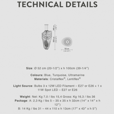 Detalhes técnicos de uma pá de remo azul, turquesa e ultramarine com dimensões e especificações