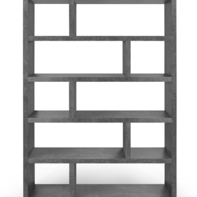 Estante cinza escuro com prateleiras e divisórias assimétricas