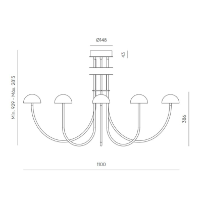 Desenho técnico de candeeiro de teto com cinco braços e dimensões em milímetros