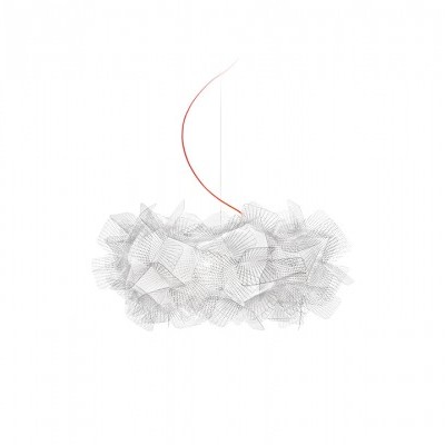 Luminária suspensa branca com fio vermelho em fundo branco