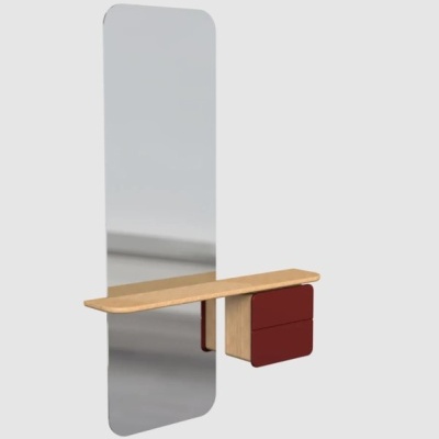 Espelho de parede com prateleira de madeira e gavetas bordô