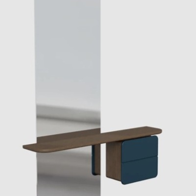 Espelho de parede com prateleira e gaveta em madeira e azul escuro