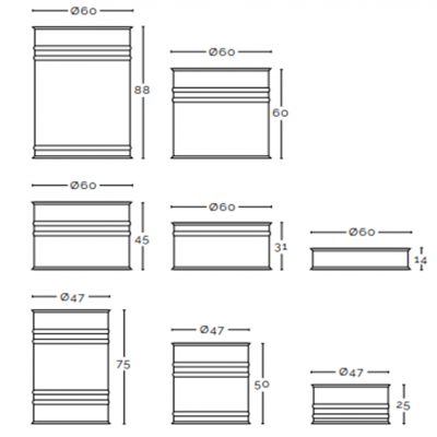 Desenhos técnicos de potes cilíndricos com dimensões em milímetros
