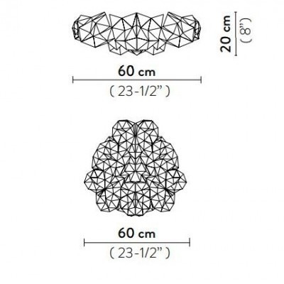 Objeto decorativo geométrico com dimensões 60 cm por 20 cm descritas.