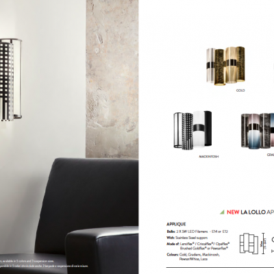 Aplique de parede com três cilindros em metal, padrão liso preto, liso branco e grelha preta/branca, junto a sofá preto