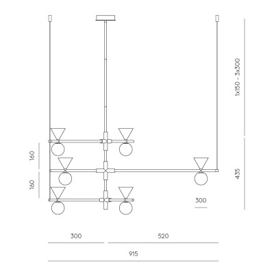 Desenho técnico de candeeiro suspenso com seis lâmpadas e medidas em centímetros