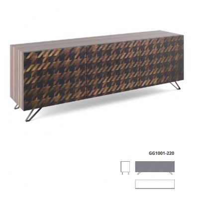 Aparador de madeira com padrão pied-de-poule castanho e pernas metálicas pretas