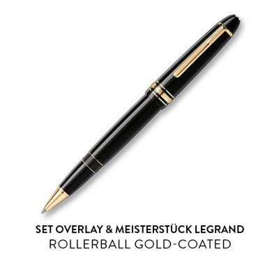 Caneta rollerball preta com detalhes dourados e texto de marca