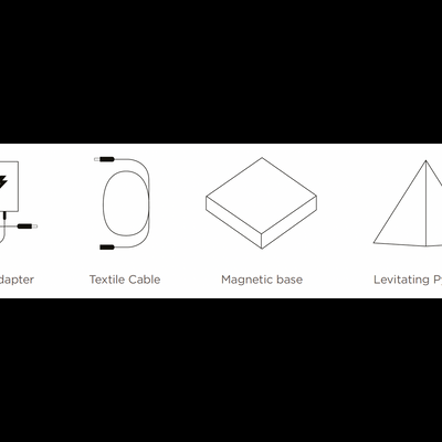 Desenho de adaptador CA, cabo têxtil, base magnética e pirâmide levitante