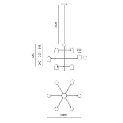 Desenho técnico de luminária suspensa com seis braços e cúpulas
