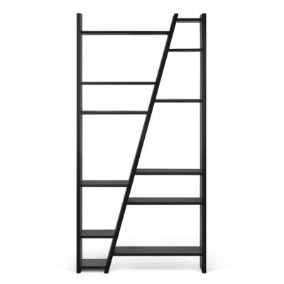 Estante preta de metal com prateleiras assimétricas