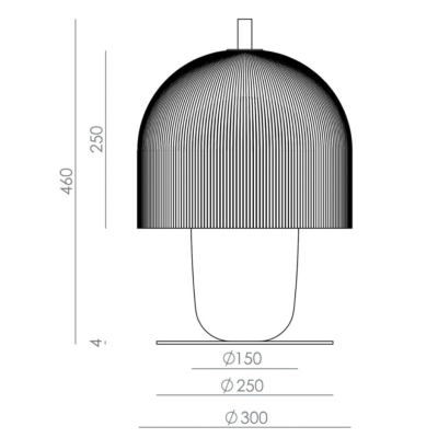 Desenho técnico de candeeiro com cúpula padrão linhas pretas e brancas e dimensões