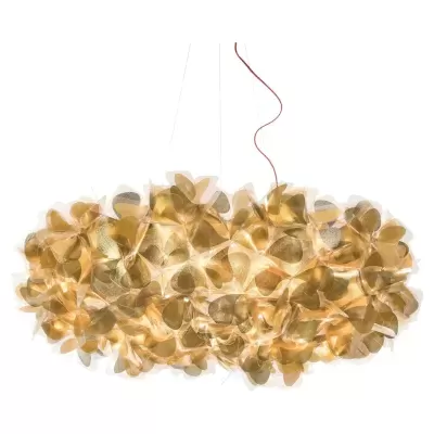 Lustre suspenso com flores douradas translúcidas iluminadas