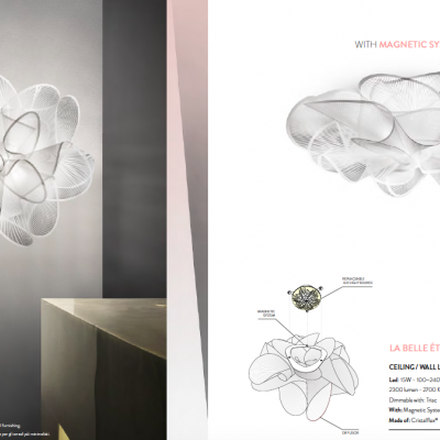 Lâmpada de teto com design floral em tecido branco e metal cinza