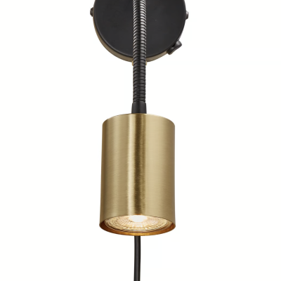 Aplique de parede com base preta, braço flexível e candeeiro dourado cilíndrico