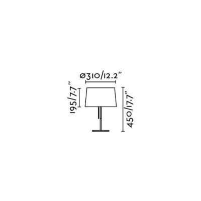 Desenho técnico do candeeiro de mesa com medidas detalhadas.