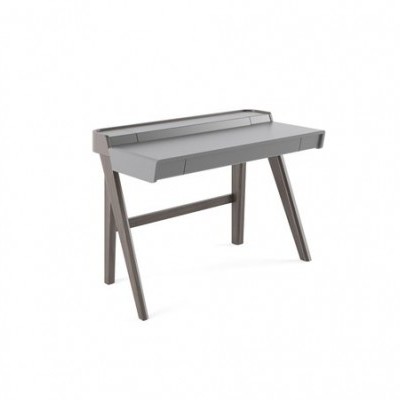 Secretária moderna cinza com estrutura de madeira escura em fundo branco