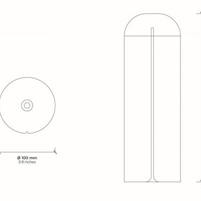 Desenho técnico de cilindro vertical branco com medidas em milímetros e polegadas.