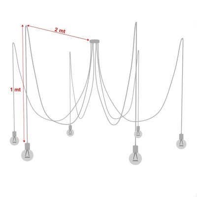 Candeeiro de teto moderno com seis lâmpadas suspensas e fios longos cinzentos.