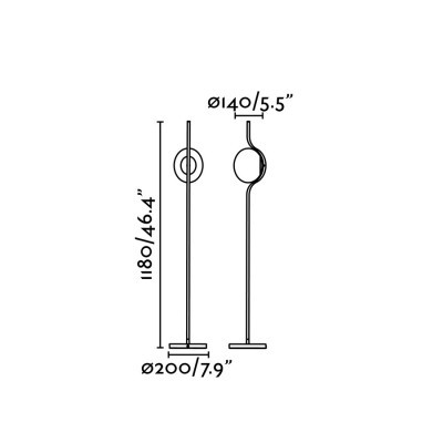 Desenho técnico de lâmpada de pé com medidas em cm e polegadas