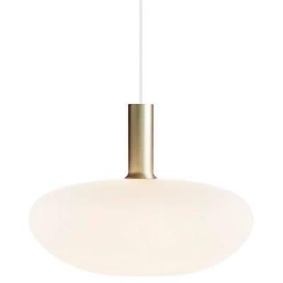 Candeeiro de teto pendente com cúpula de vidro opaco branco e base metálica dourada