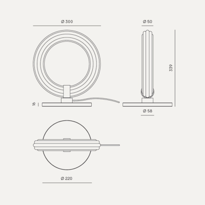 Desenho técnico de candeeiro circular com medidas em milímetros