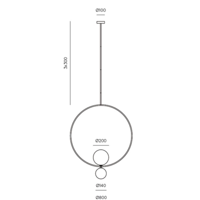 Desenho técnico a preto e branco de candeeiro suspenso com medidas