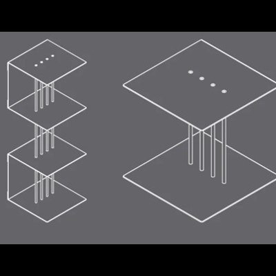 Banco ou mesa minimalista transparente com três secções e suportes verticais