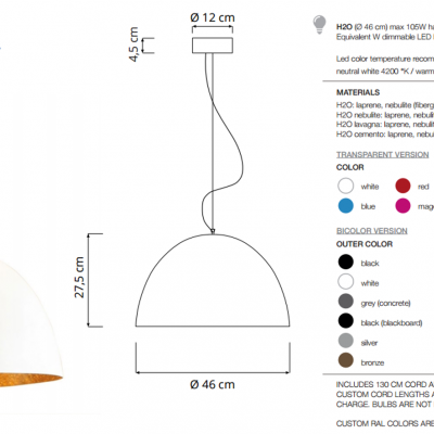 Lâmpada pendente branca com interior dourado, detalhe técnico e esquema de medidas e cores