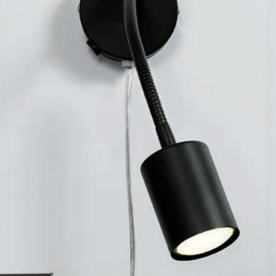 Arandela preta de parede com haste flexível e luz direcionável