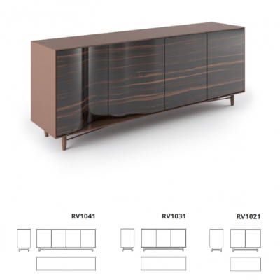 aparador madeira castanha com quatro portas e design moderno com frente curva