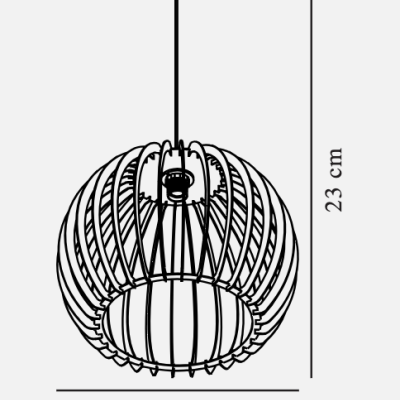Candeeiro suspenso esférico de ripas finas escuras com medidas 25 cm x 23 cm